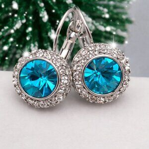 Crystal Drop Earrings Round Cut Leverback Sparkly Blue Turqiuoise Bridal Cute